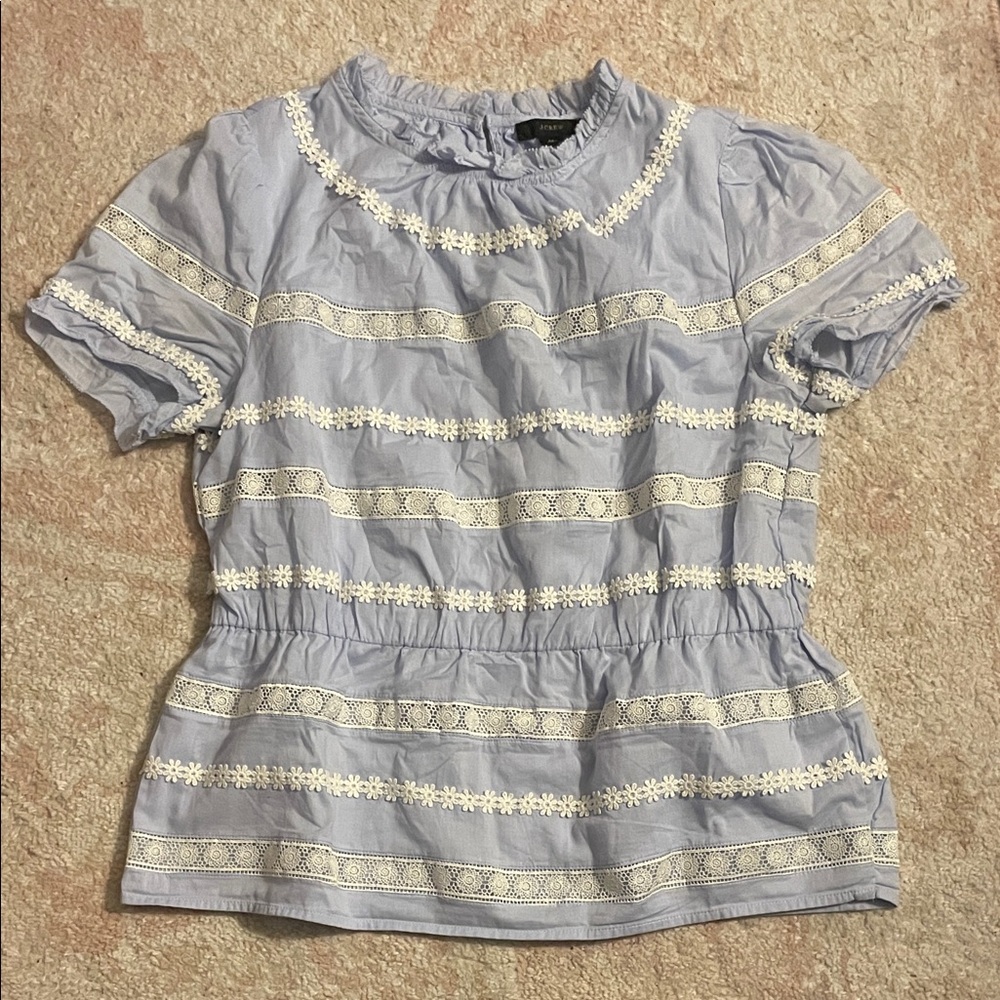 J. Crew Light Blue Blouse with White Lace Accents